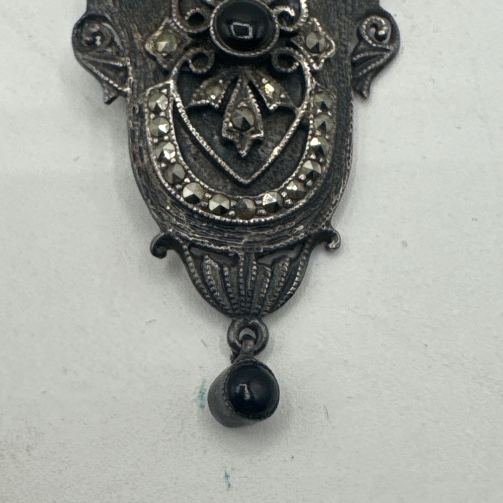 925 Sterling Silver Vintage Black Onyx & Marcasite Art-Deco-Style Pendant 11.8g - Picture 3 of 6